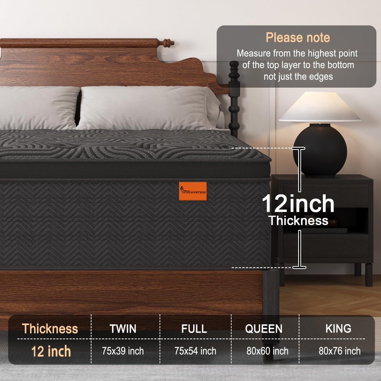 12 Inch Queen Hybrid Mattress | Medium Firm Memory Foam with Pocket Springs | Motion Isolation, Fiberglass Free | Dark Grey, 100 Night Trial