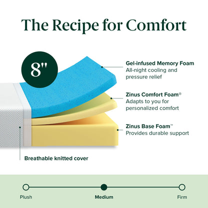 12-Inch Cool Gel Memory Foam Mattress, Twin XL Size, Medium Firm, Cooling, Pressure Relief, CertiPUR-US Certified, Fiberglass Free