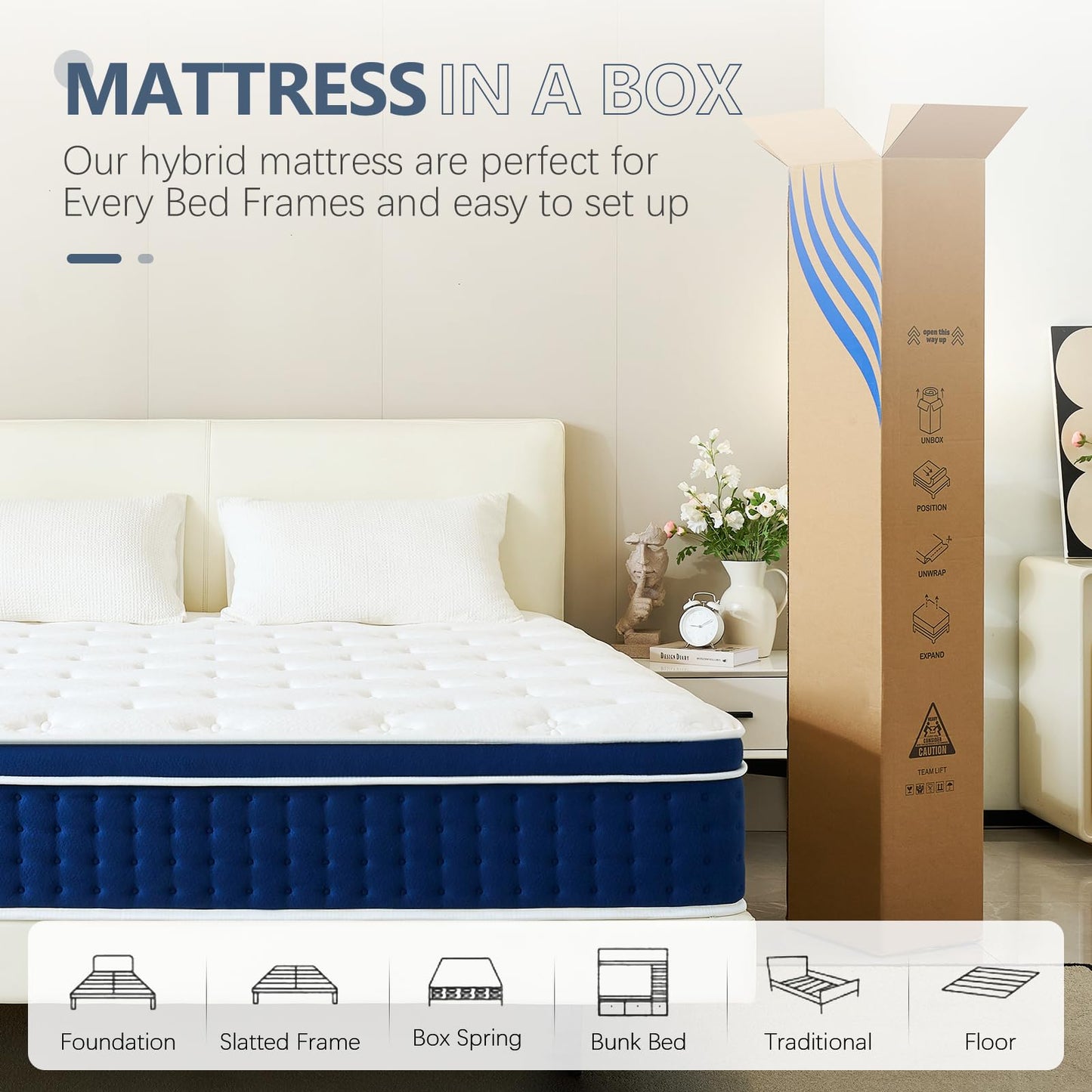 14 Inch Queen Size Hybrid Mattress in a Box, Gel Memory Foam & Pocket Coils, Ergonomic Design for Cooler Sleep, Pressure Relief & Support, 60" × 80"