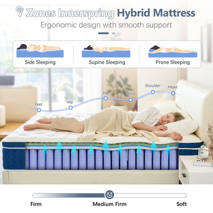 14 Inch Queen Size Hybrid Mattress in a Box, Gel Memory Foam & Pocket Coils, Ergonomic Design for Cooler Sleep, Pressure Relief & Support, 60" × 80"
