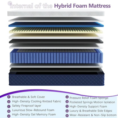 10 Inch Queen Size Hybrid Mattress in a Box, Memory Foam & Pocket Springs, Breathable Bed for Comfort, Support & Pressure Relief, CertiPUR-US, 60" × 80"