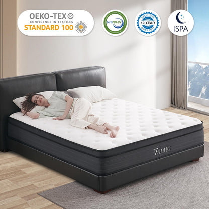 Queen Size Hybrid Mattress – 12 Inch Euro Top with Gel Memory Foam & Individually Pocketed Innersprings, Medium Firm, Motion Isolation & Edge Support, Black