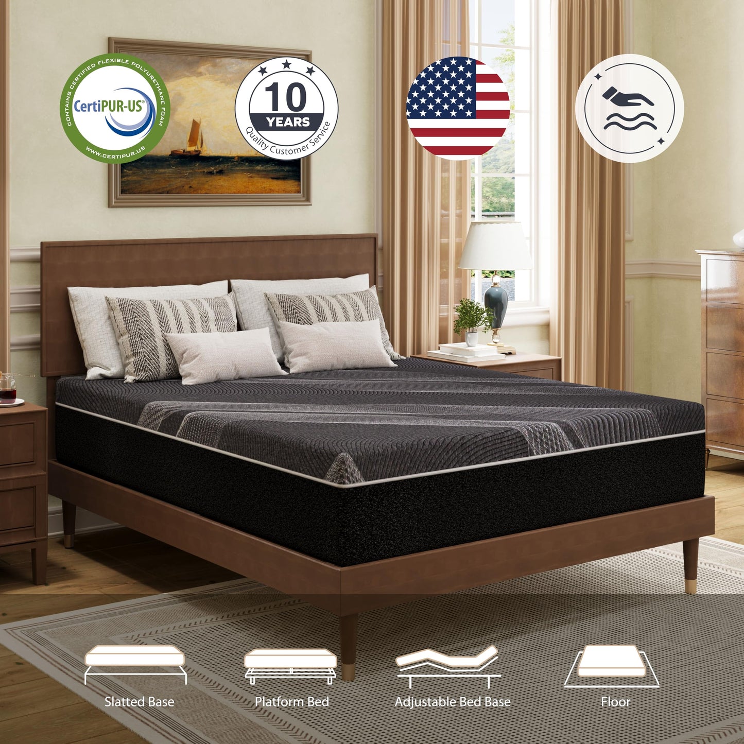 10 Inch King Size Charcoal Gel Memory Foam Mattress in a Box, Medium Bed, Cooling, CertiPUR-US Certified, Fiberglass-Free, Made in USA, 80" × 76"